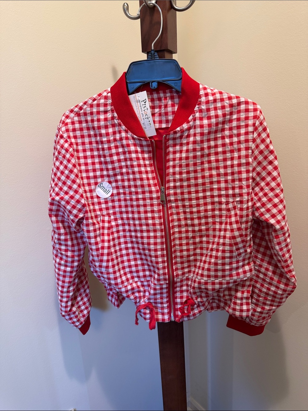 Plaid zip up Jacket with Ribbed Trim - Red